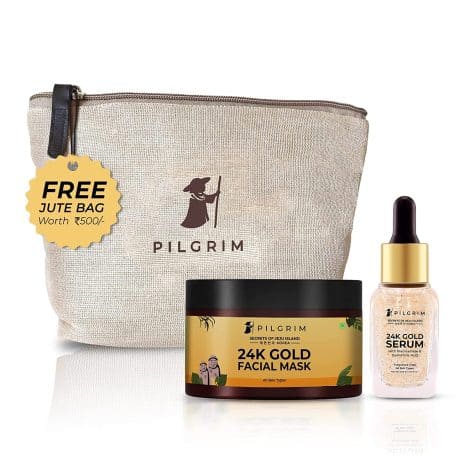 Pilgrim 24K Gold Facial Kit: Get glowing, glass-like skin with this Korean skincare essential. Suitable for all genders. Includes free jute bag.