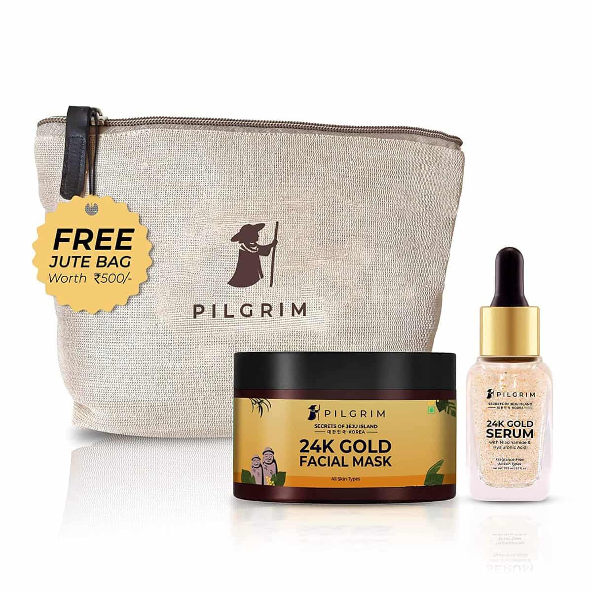 Pilgrim 24K Gold Facial Kit | Dewy Glass Skin Finish | Facial kit for Radiant Look | 24K Gold Face Mask Pack 50gm | 24K Gold Serum 20ml | Korean Skin Care | For Women & Men | FREE JUTE BAG