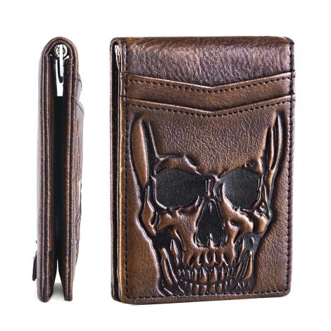 Handcrafted Leather Wallet with Skull Design- RFID Blocking, Slim Front Pocket Card Holder. Ideal gift for Indian men.