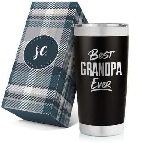 “SassyCups Grandpa’s Happy Birthday Mug: 20oz Insulated Travel Mug, Engraved Stainless Steel for New Grandpas.”