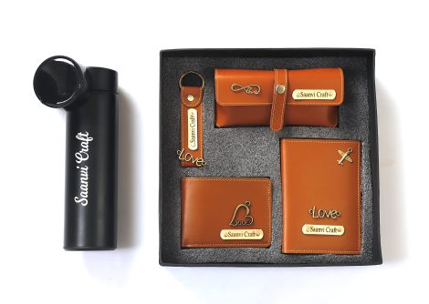 Customized 5 in 1 engraved LED flask bottle, passport cover with wallet, eyewear case, and metal keychain combo – perfect men’s birthday gift.