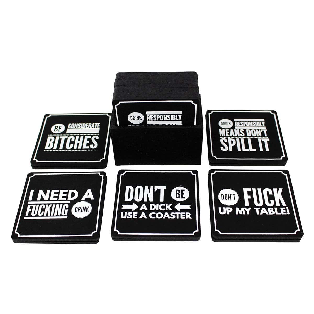 Summit One Funny Coasters for Drinks, Set of 10 (4 x 4 Inch, 5mm Thick) Premium Absorbent Felt Drink Coasters with Hilarious Quotes - Home Decor Gag Gifts for Women, Men - with Coaster Holder