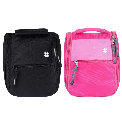 Compact travel organizer for shaving kit and cosmetics, perfect for couples, with 2 bags in black and pink.