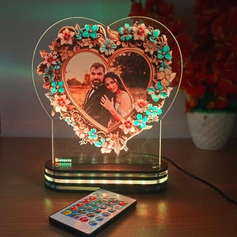 Multicolored LED lamp with a 3D acrylic design, showcasing a UV printed photo, perfect for gifting on anniversaries (PS-027).