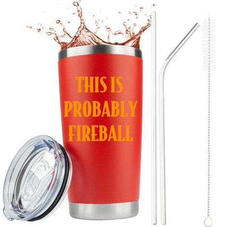 Fireball Whiskey-themed gift set. Authentic Fireball experience in a 20 oz stainless steel tumbler for coffee or liquor.