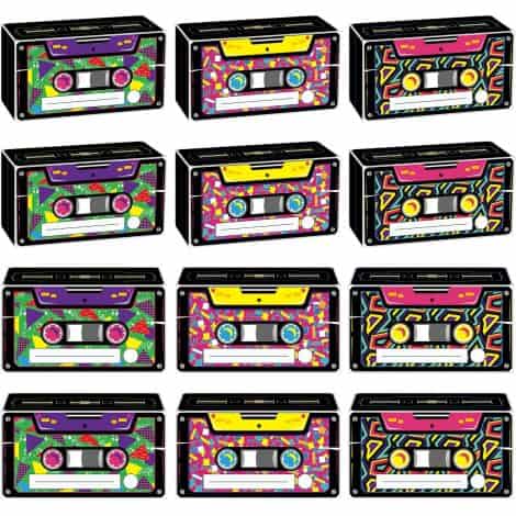 Retro Boom Party Supplies: 12 Pieces of 80s-90s Favor Boxes with Retro Radio & Cassette Tape Designs.