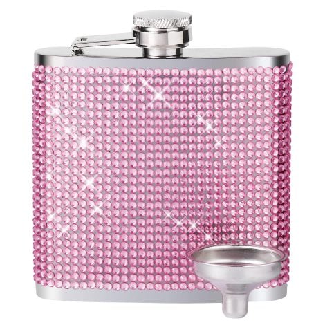 Sparkly Pink Hip Flask for Ladies – 6 Oz, Rhinestone Diamond Design, Leakproof, Stainless Steel