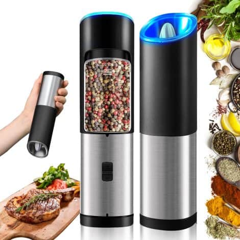 Rocyis Electric Salt and Pepper Grinder: Easy-to-use smart kitchen gadget, perfect for Indian homes, stainless steel, 2 pack.