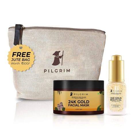 Pilgrim 24K Gold Facial Kit for radiant skin, includes gold face mask and beauty oil. Suitable for men and women. Get a free jute bag.