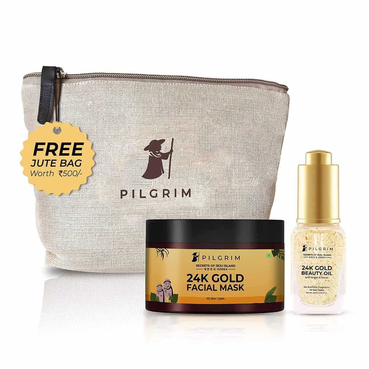 Pilgrim 24K Gold Facial Kit | Dewy Glass Skin Finish | Facial kit for Radiant Look | 24K Gold Face Mask Pack 50gm | 24K Gold Beauty Oil 20ml | Korean Skin Care | For Women & Men | FREE JUTE BAG