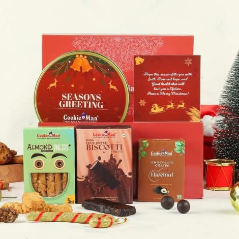 Cookieman Christmas Gift Box – 5 festive treats combo | Cookies, chocolates, nuts, and greeting card.