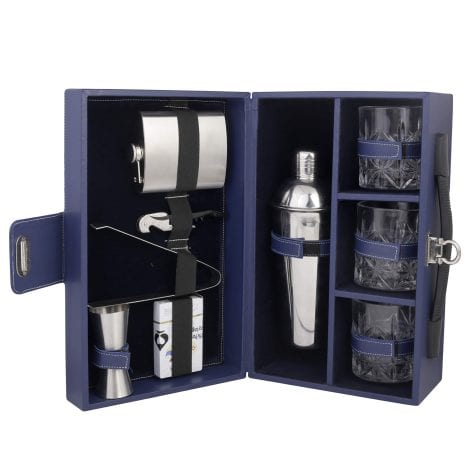 Compact and convenient mega bar set in a portable leatherette briefcase, perfect for picnics, travel, and car outings. Includes blue whiskey glasses.