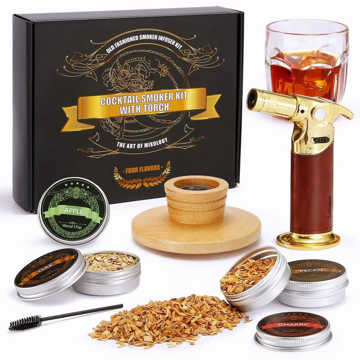 Cocktail Smoker Kit with Torch 4 Flavors Wood Chips, Drink Whiskey Bourbon Smoker Infuser Kit, Old Fashioned Smoker Kit for Meat Cheese Salad, Gifts for Whiskey Lovers/Father/Men(No Butane)