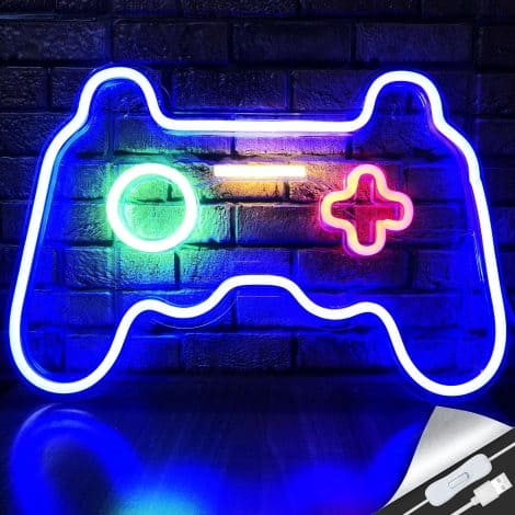 Gamepad-shaped LED neon sign for gamers, perfect for teen boys’ game room or bedroom decoration.