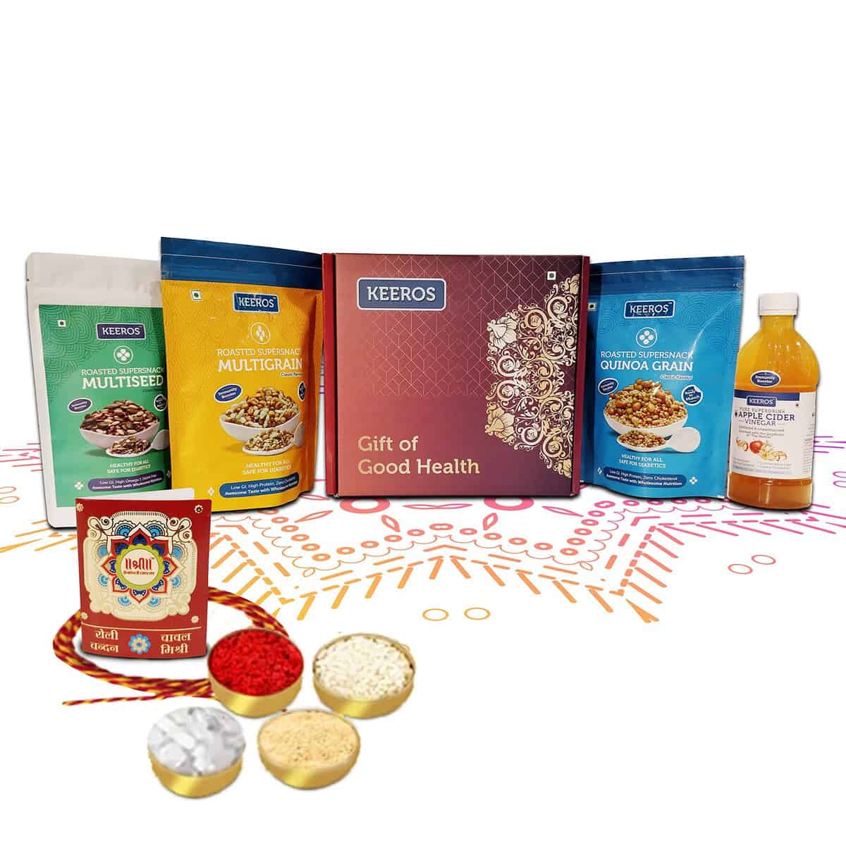 Keeros Healthy Bhai Dooj Gift Hamper for Brother with Roli Moli Chandan Tikka Chawal Mishri | Combo of Sweet & Salted, Tasty & Nutritious Super Snacks & Super Drink in a Premium Gift Pack