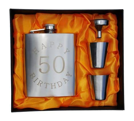 Golden Jubilee Flask Set – 7 oz Flask Engraved with Joyful 50th Birth Celebration