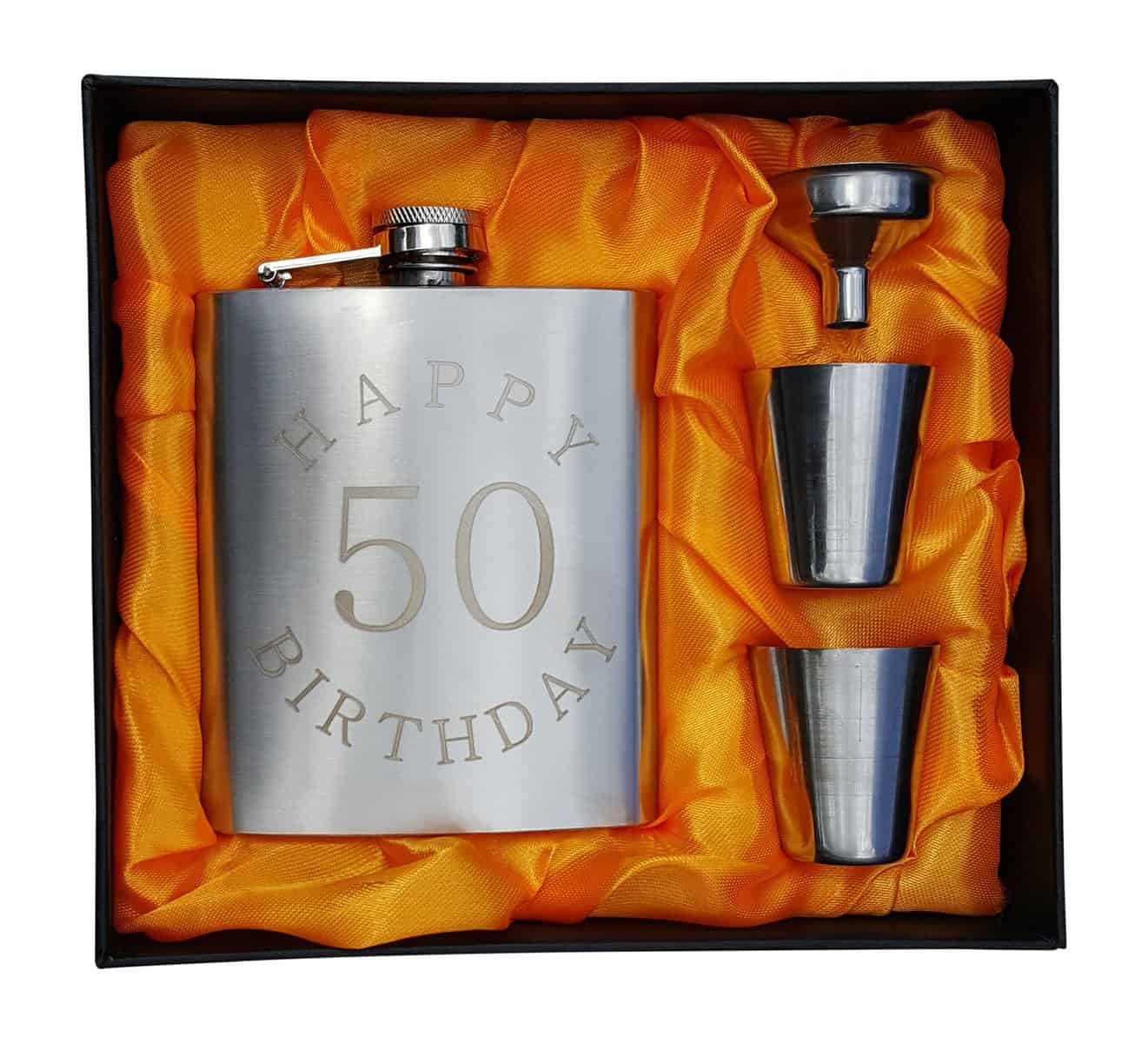 50th Birthday Flask Gift Set - 7 oz Flask Engraved with Happy 50 Birthday