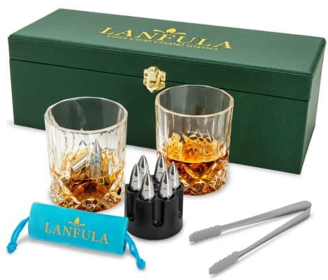 LANFULA Whiskey Glass and Bullet Stones Set – Ideal for Scotch, Bourbon, and Classic Cocktail – Premium Leather Gift Box for Him or Closest Buddies.