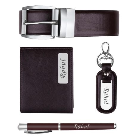 Brown Personalized Wallet Pen Key Chain & Belt Gift Set with Name | Leather Hamper | Ideal Combo for Brother, Husband, Father, Boyfriend.