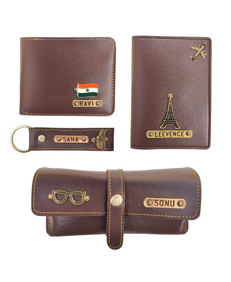 Combo of 4 Dark Brown Personalized PU Leather Passport Cover, Wallet, Keychain & Eyewear with Charms