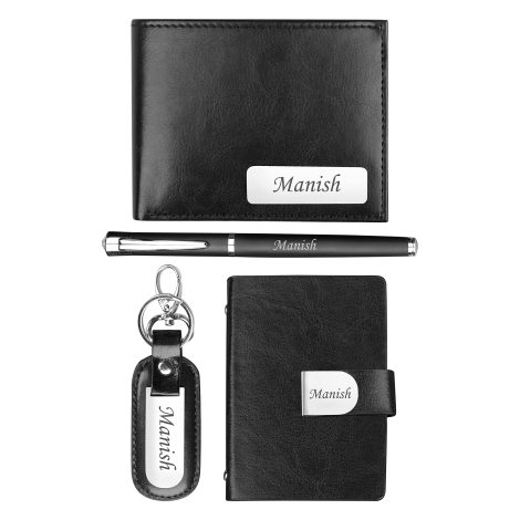 Customizable Leather Gift Set: Wallet, Pen, Key Chain & Cardholder | Ideal Gift for Men (Black)