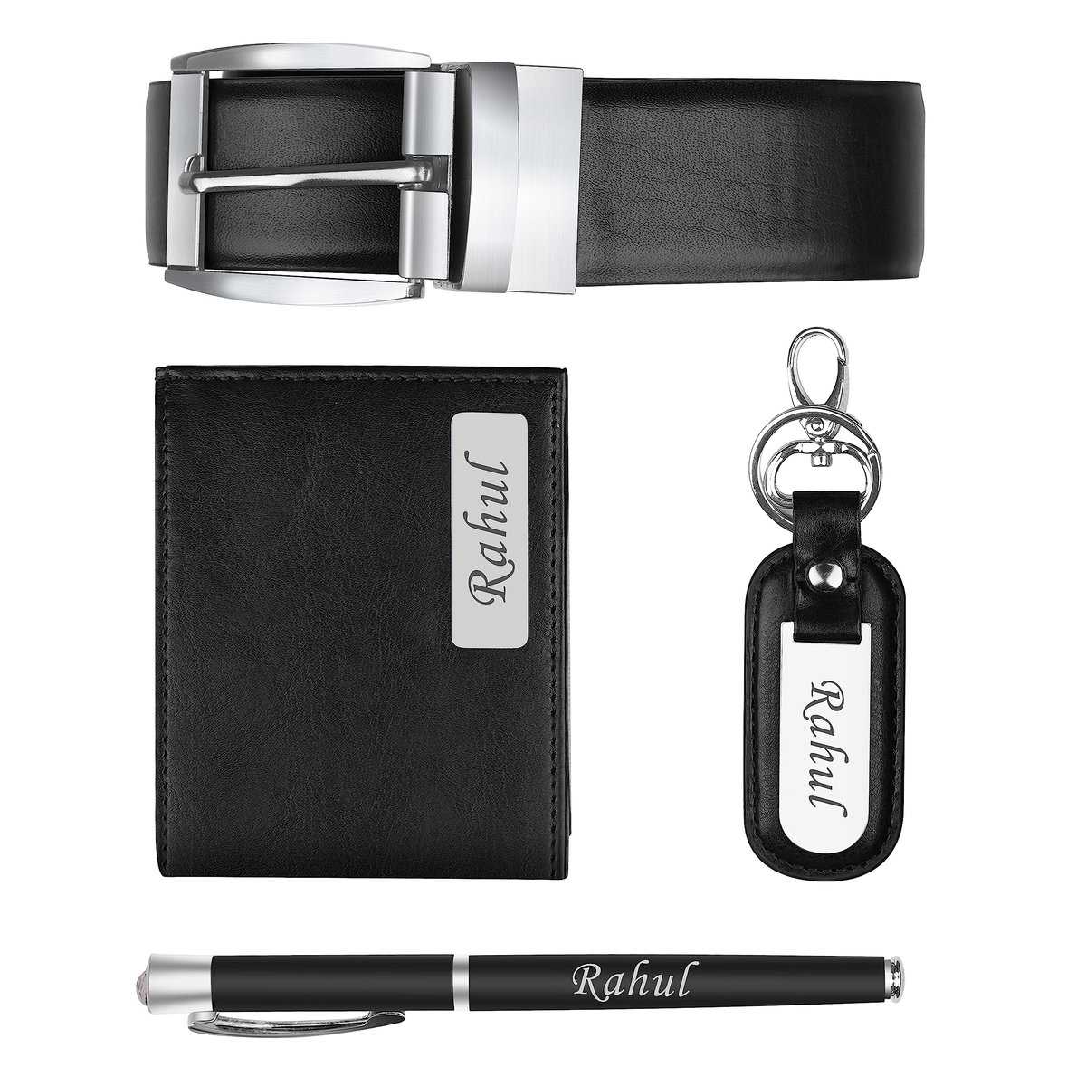 The Wallet Store Personalized Wallet Pen Key Chain & Belt Gift Set For Men's | With Name | Faux Leather | Best Combo For Brother, Husband, Father, Boyfriend (Black)