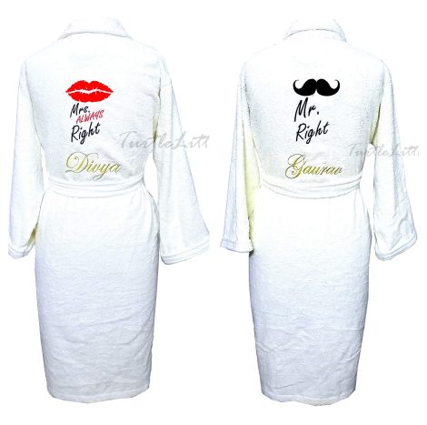 TurtleLittle presents 100% cotton couple bathrobes personalized with names and initials for adults, men, and women.