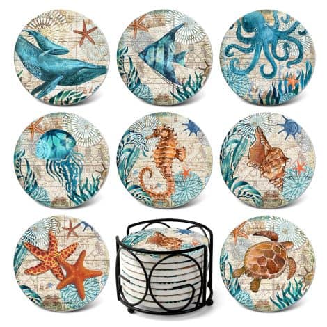 Ocean-themed Stone Coasters for Drinks with Cork Base, Holder, Perfect Gift for Friends, Birthday, Housewarming. Set of 8.