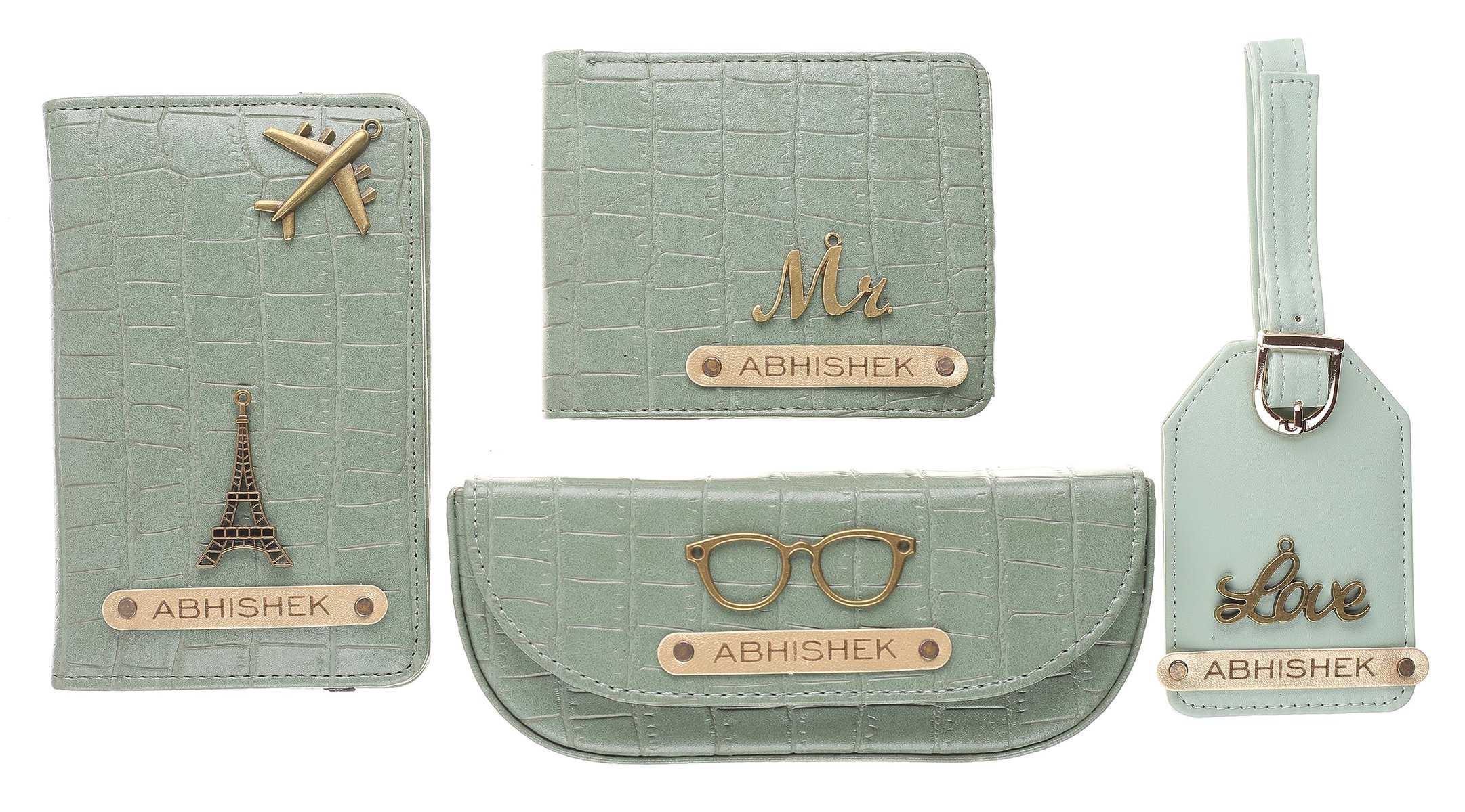 AICA Personalized Name & Charm Self- Leather Gift Set for Men (MintGreen) | Marriage Wedding Anniversary Gift for Husband Men