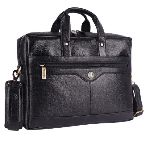 HAMMONDS FLYCATCHER Laptop Bag in Black – Genuine Leather Office Bag with Multiple Compartments, Fits 14-16″ Laptop, Ideal for Travel.