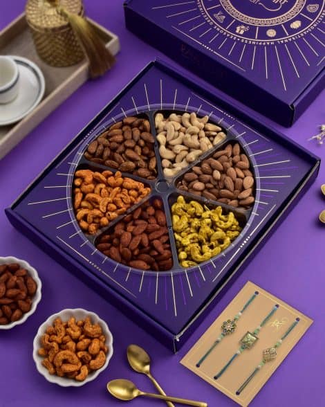 Purple Binge Box with Roasted Cashew Almonds, Earth And Sky Rakhi Set Of 3. Ultimate Rakhi Combo.