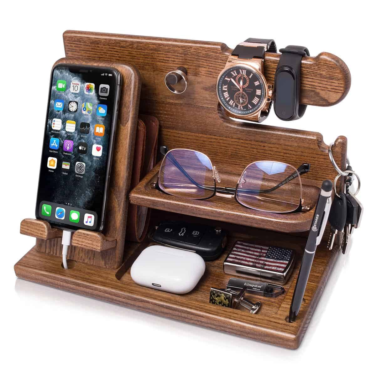 TESLYAR Wood Phone Docking Station Ash Key Holder Wallet Stand Watch Organizer Men Gift Husband Wife Anniversary Dad Birthday Nightstand Purse Father Graduation Male Travel Idea Gadgets (Beige)