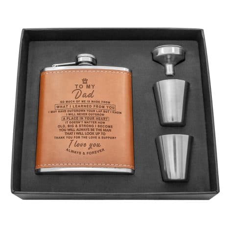 Custom flask set with engraved designs, leather flask for men, perfect Father’s Day or festive gift. (Brown-for Dad)