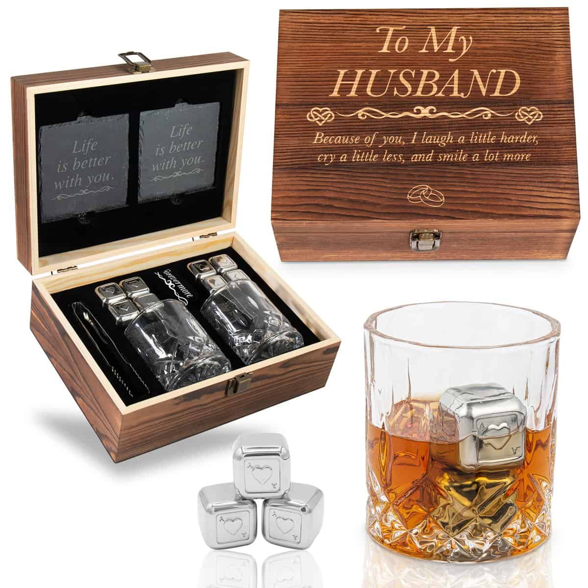 GreenCor. GreenCor | for Men | Him - Whiskey Glass Gift Set | Engraved"To My Husband" | Best Husband Gifts for Birthday |Christmas | Wedding