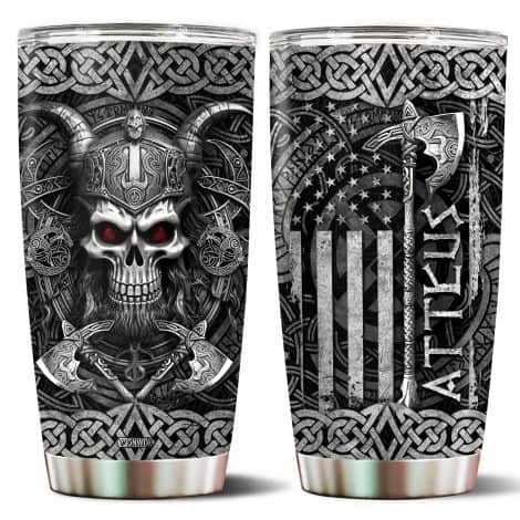 Custom Viking-themed gifts for Indian men: 20oz insulated steel coffee cup with lid, perfect for travel.