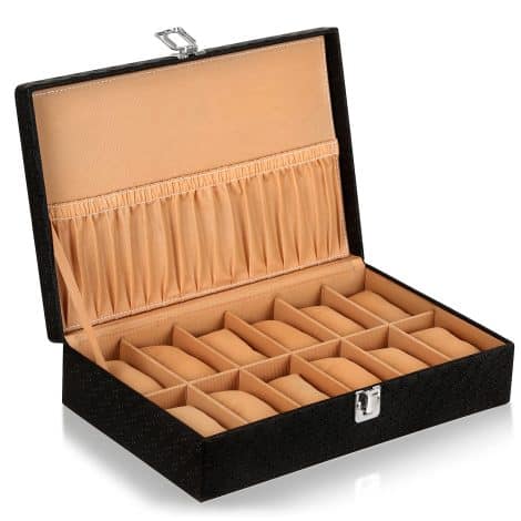 LEDO Watch Box: Elegant Black & Cream Organizer holds 12 Unisex Watches.