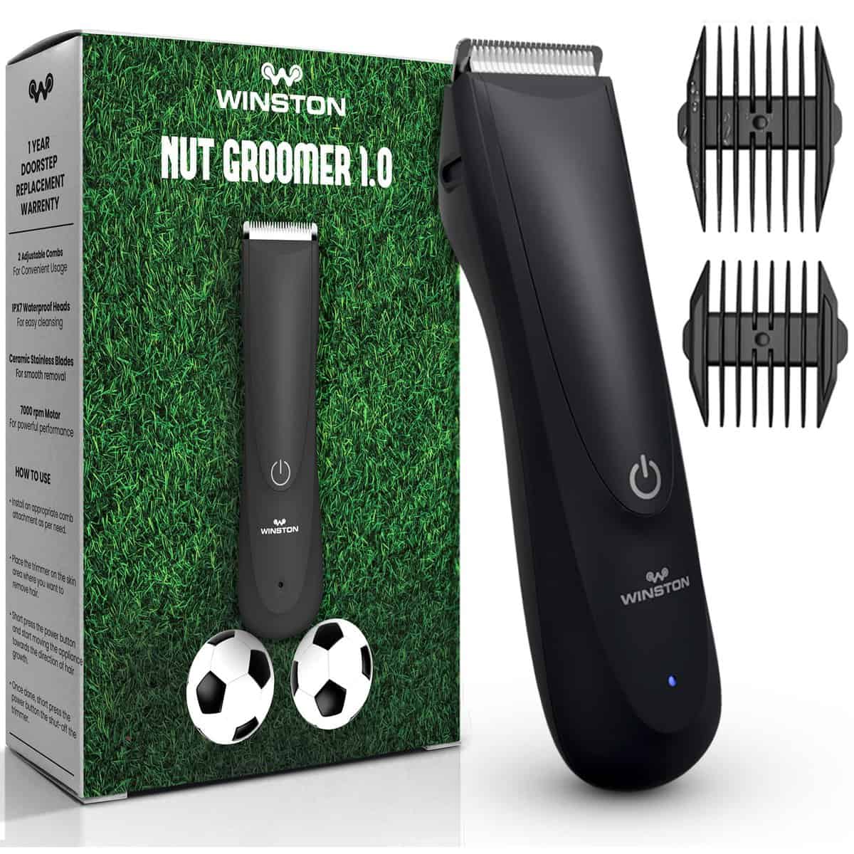 Winston Nut Groomer 1.0 Ultimate Body & Ball Trimmer for Men with No-Cut Ceramic Blade | Rechargeable & Waterproof with 90min Run Time - Black