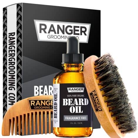 Men’s Beard Care Starter Set: Organic Beard Kit by Ranger Grooming Co. with Unscented Beard Oil, Brush, Comb