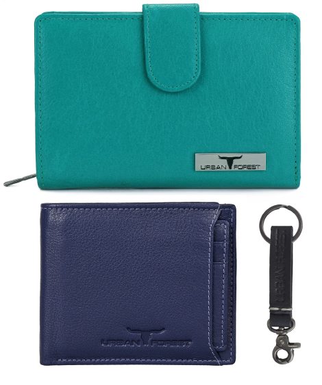 URBAN FOREST Royal Blue Leather Wallet & Keychain Gift Set for Him & Her.