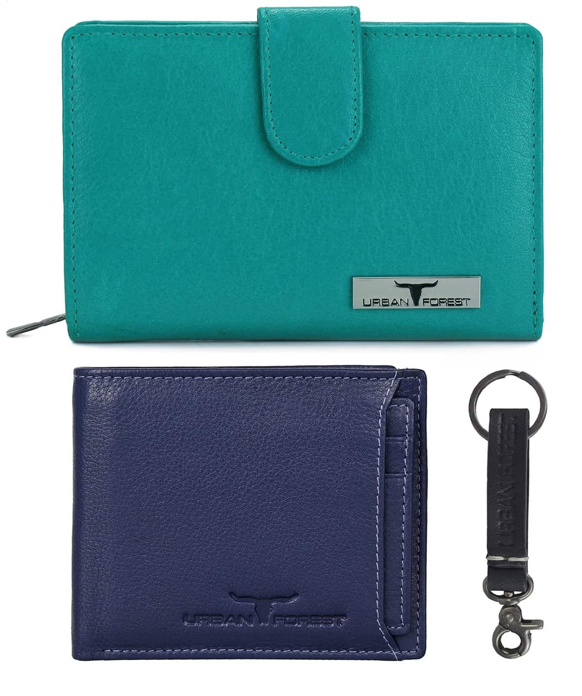 URBAN FOREST Skylar Shades of Blue Leather Wallets & Keying Combo Gift Set for Men & Women