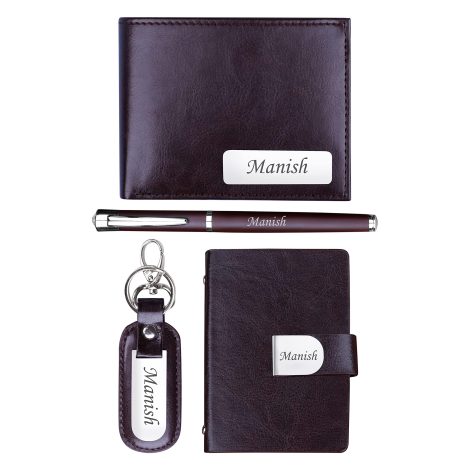 Customizable Leather Gift Set: Wallet, Pen, Key chain & Cardholder with Name. Perfect for Brother, Husband, Boyfriend, Father. (Brown)