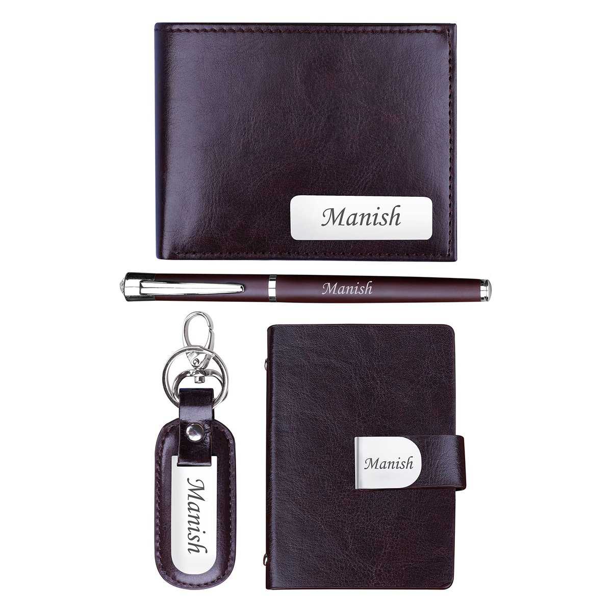 The Wallet Store Personalized Wallet, Pen, Key Chain & Cardholder Gift Set | with Name | Leather | Best Gift for Brother, Husband, Boyfriend, Father (Brown)