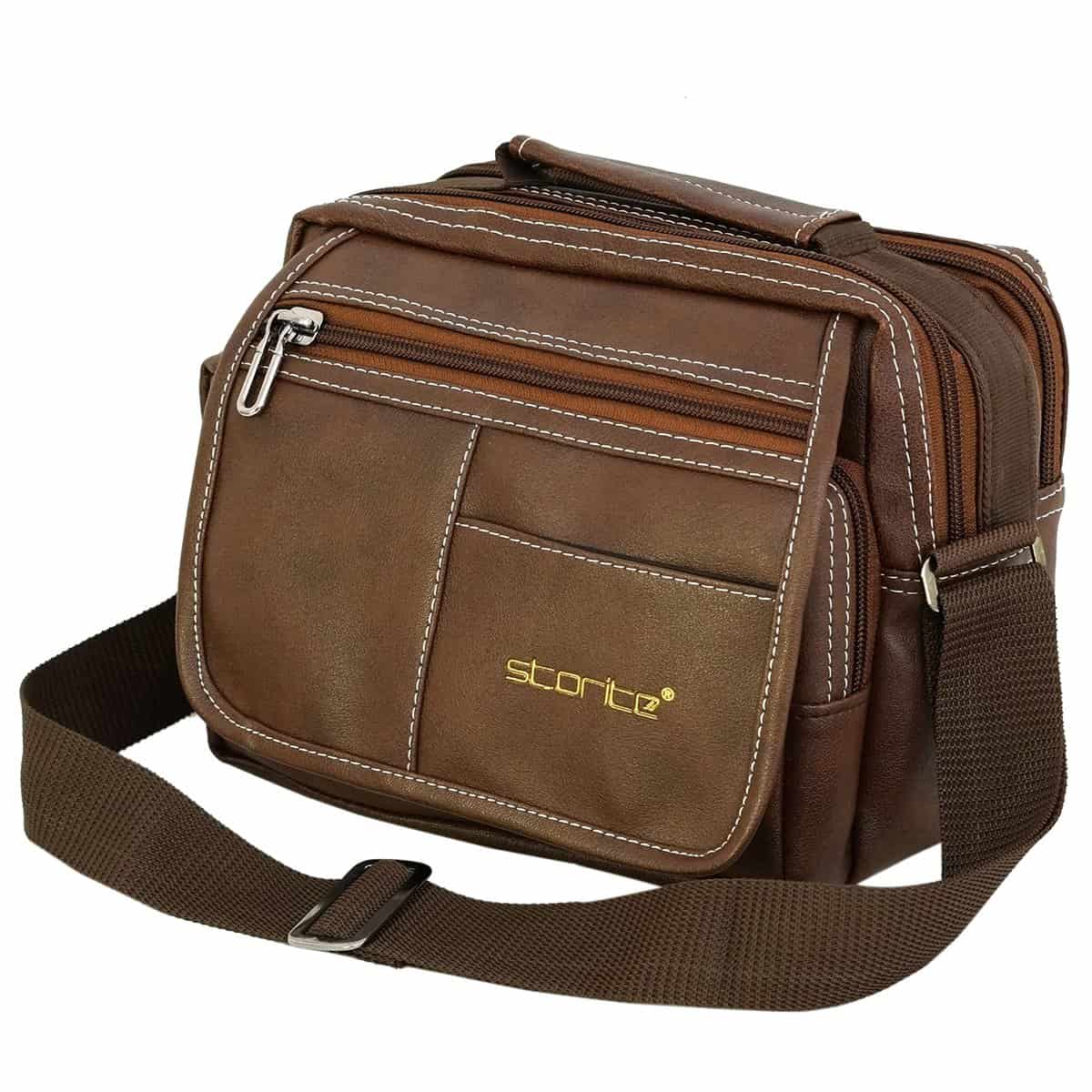 Storite PU Leather Small Sling Cross Body Travel Office Messenger One Side Shoulder Bag for Men Women(22.5x12.5x17 cm, Brown)