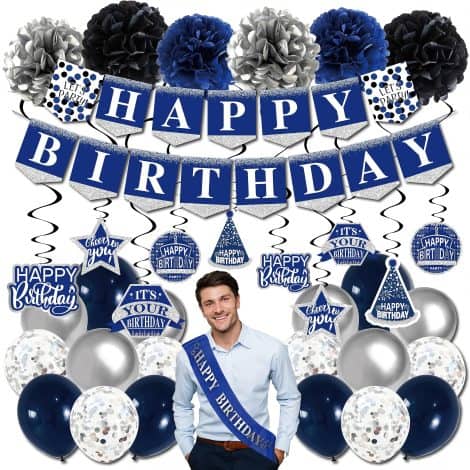 Blue Birthday Party Decorations for Men & Women – Includes banner, paper poms, hanging swirls, balloons, and sash.