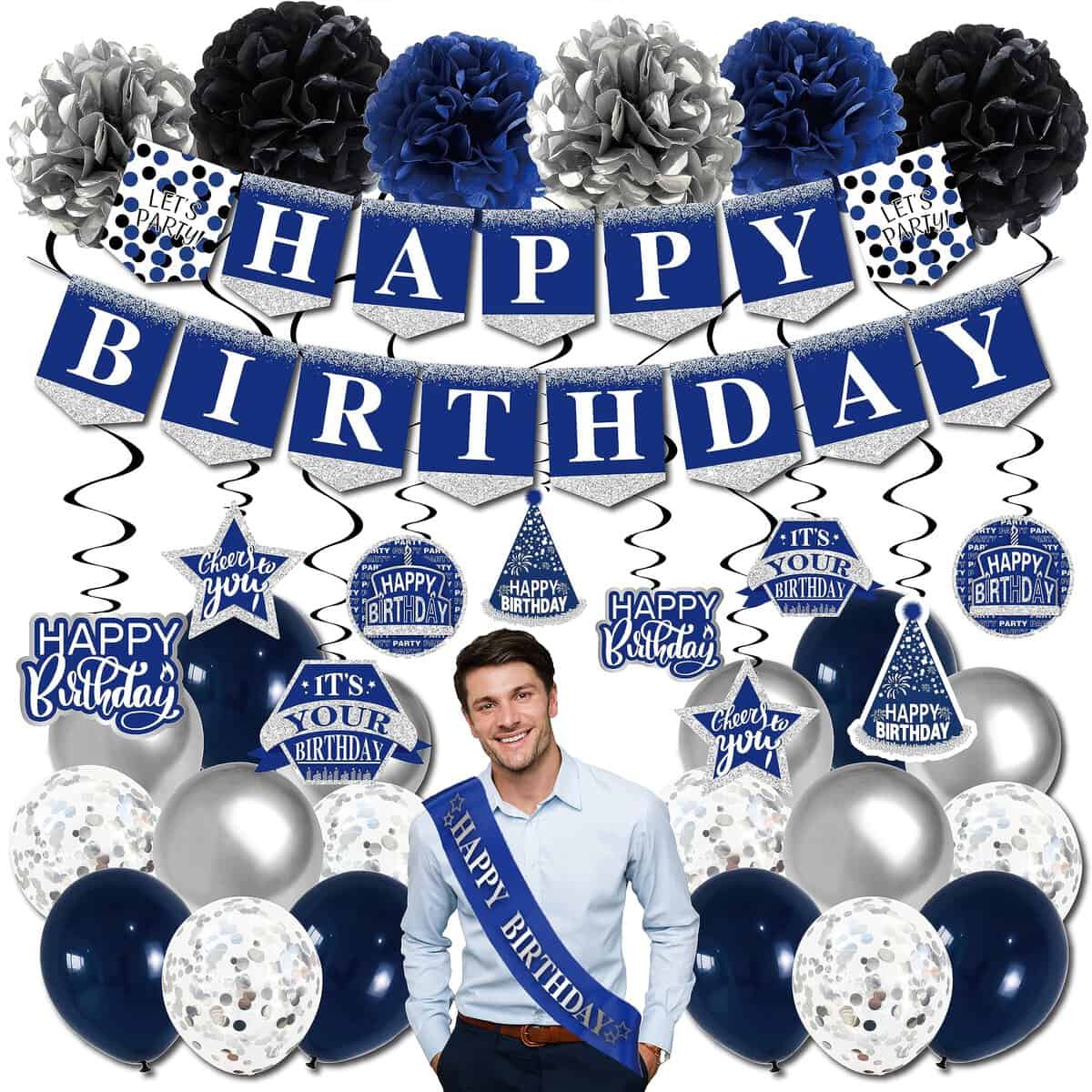 Birthday Decorations Men Blue -(37pack) happy birthday blue banner for Men Women Boys Grils, 6 paper Poms, 10 Hanging Swirl, 18 balloons. birthday sash