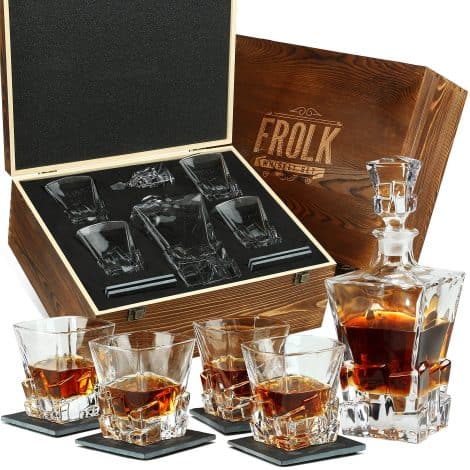 Whisky Set for Men – 4 Big Scotch Glasses with Decanter, Coasters – Perfect Gift.